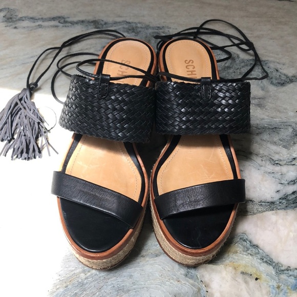 Schutz black woven leather platform espadrille like new ankle with tassel 5.5 - Picture 1 of 10